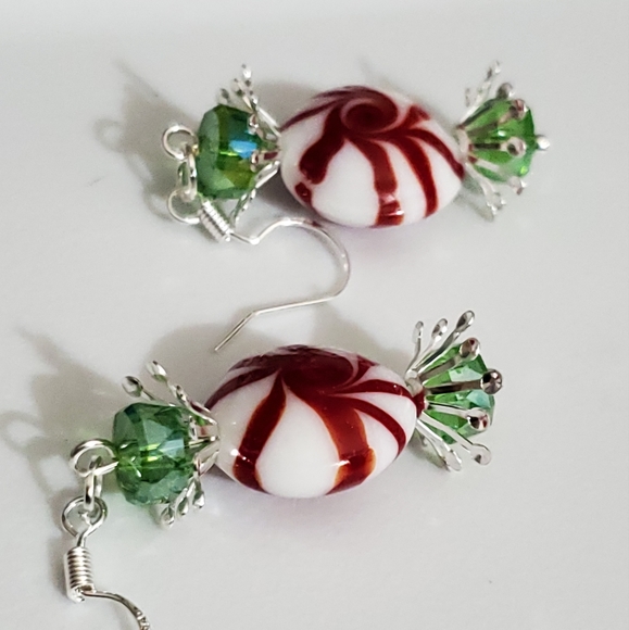 Glass lampwork candy peppermint earrings swavorski crystal 925 sterling silver - Picture 12 of 13